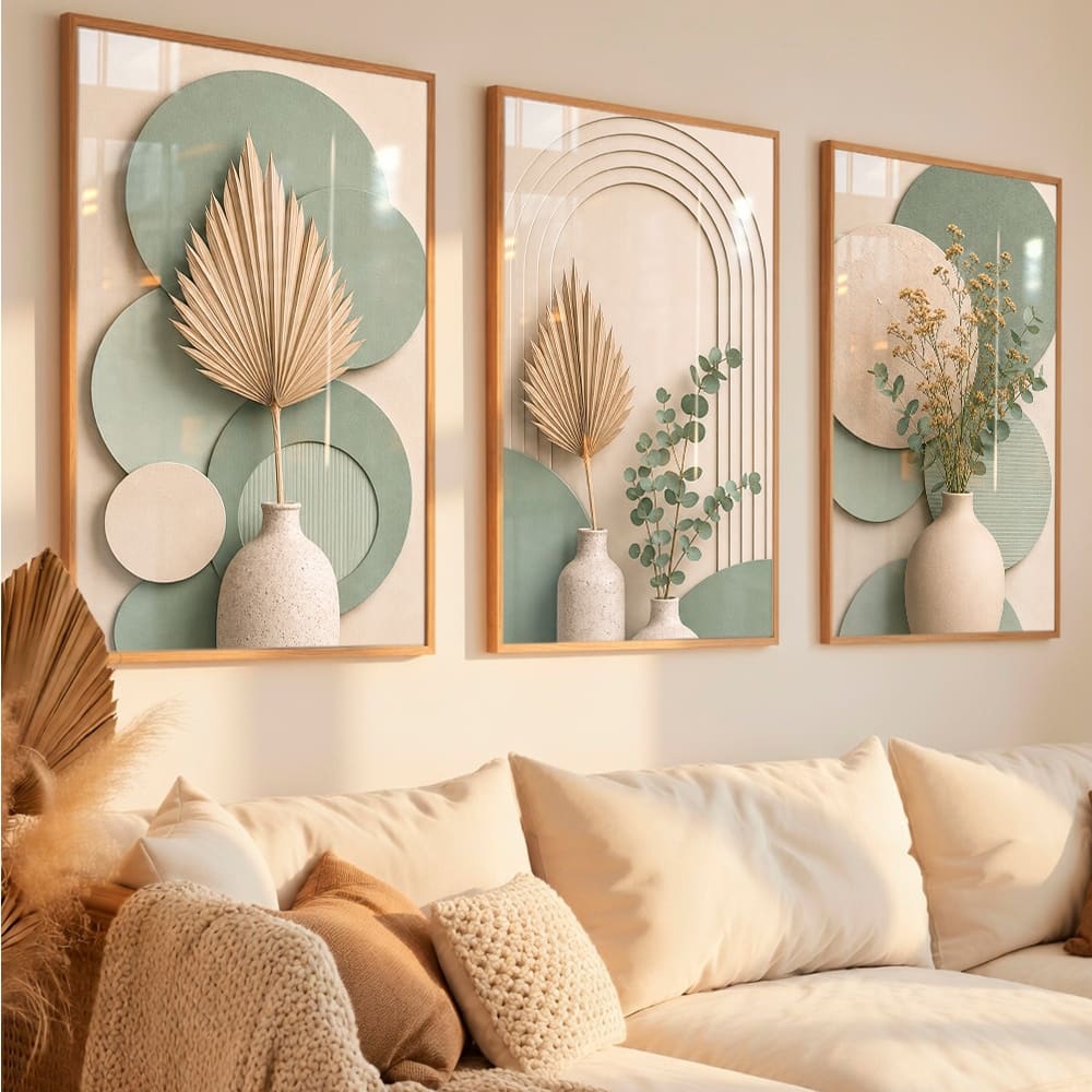 Quadros Decorativos Trio Boho Tons de Verde Sálvia Bege Minimalista Sala Hall